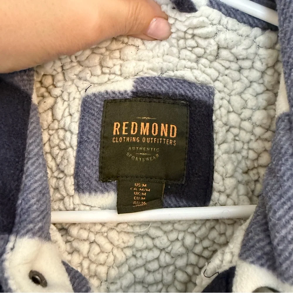 Redmond Clothing Outfitters Blue and White Plaid  Fleece Jacket Sherpa Lined